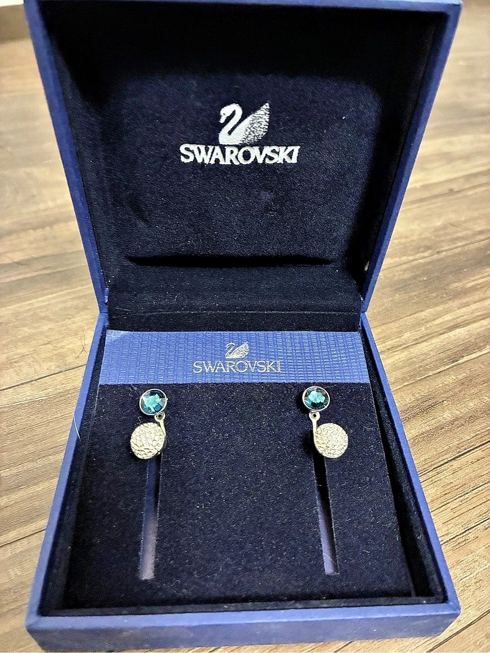 New Swarovski Earrings- baby blue studs with Swarovski crystal hanging pendants.